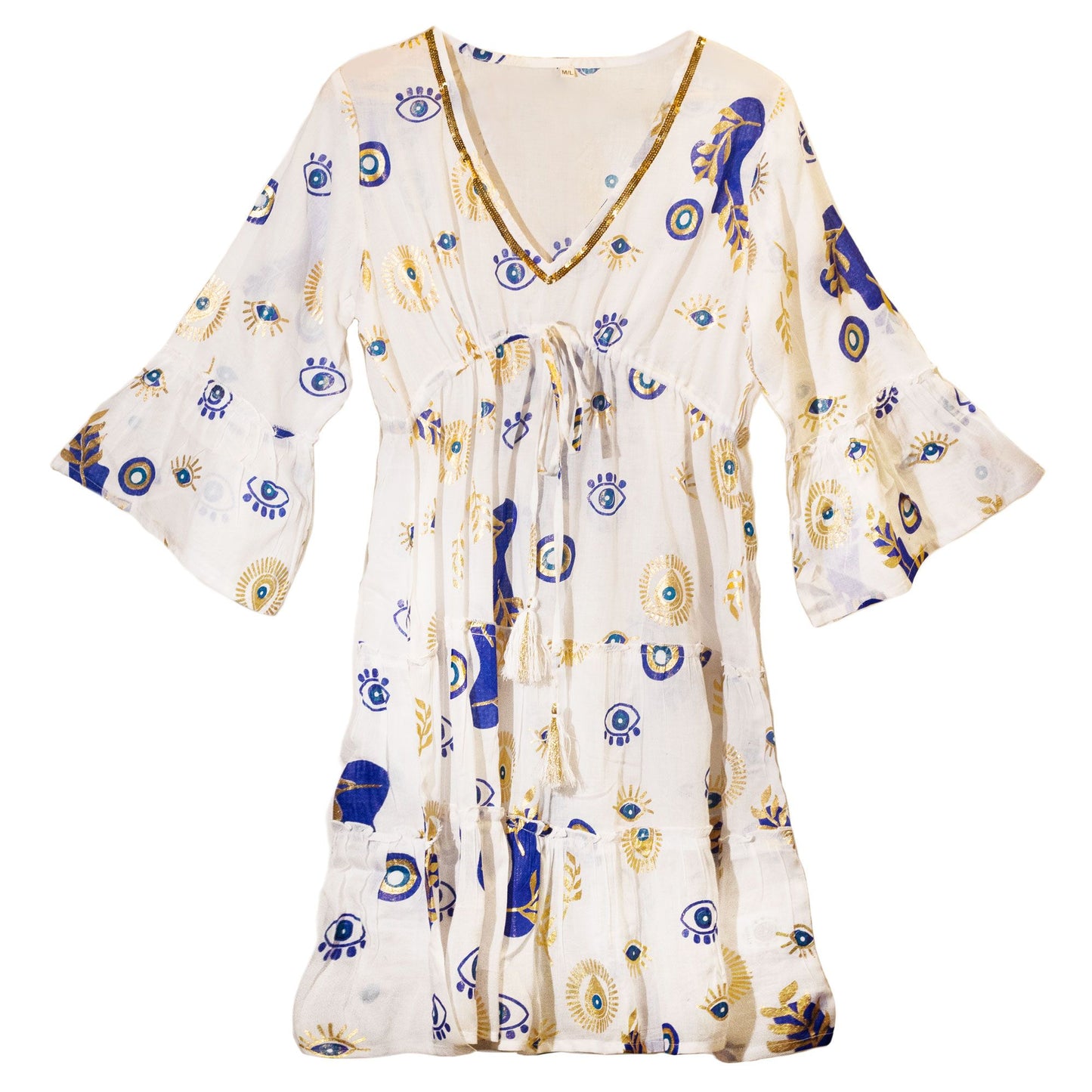(ML) Colección Nomad Sari - Vestido - Diseño de mal de ojo blanco, azul y dorado
