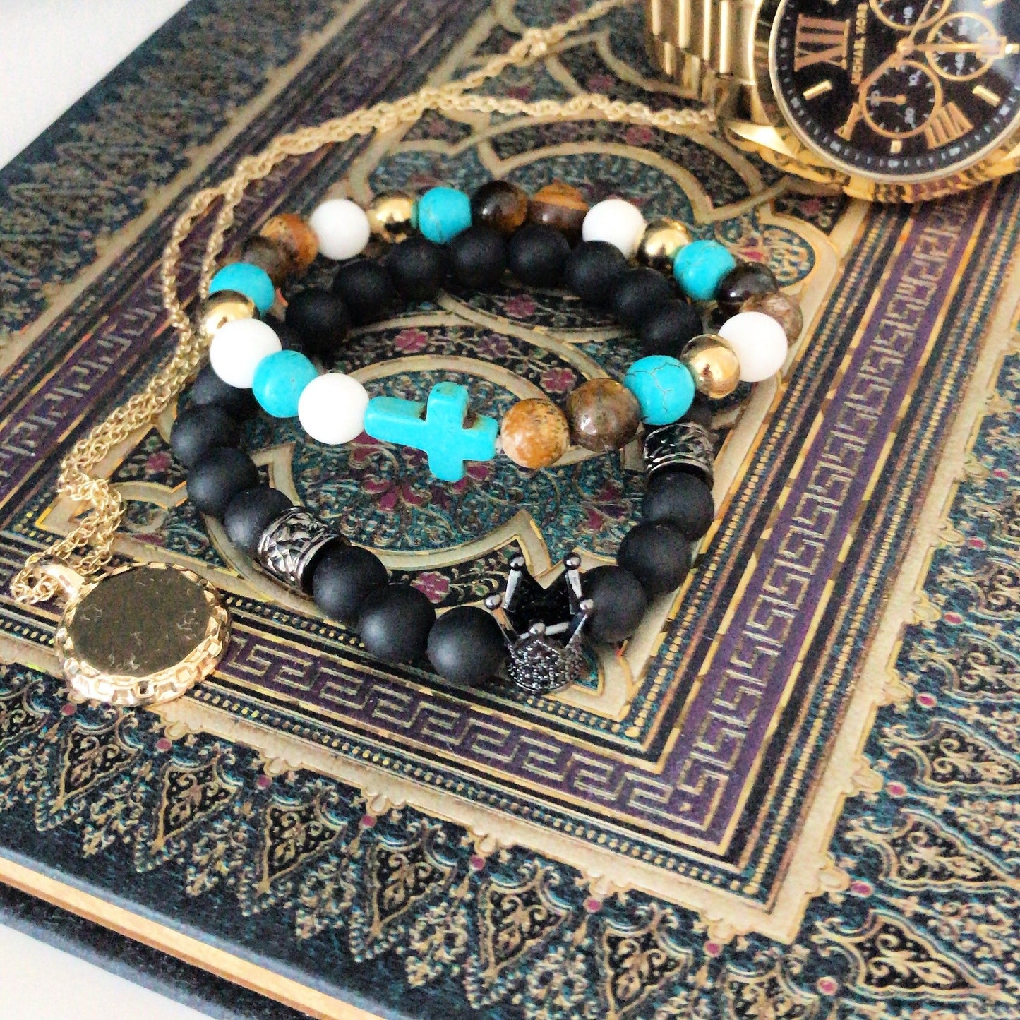 Turquoise Cross / Perlas reales - Pulsera de piedras preciosas