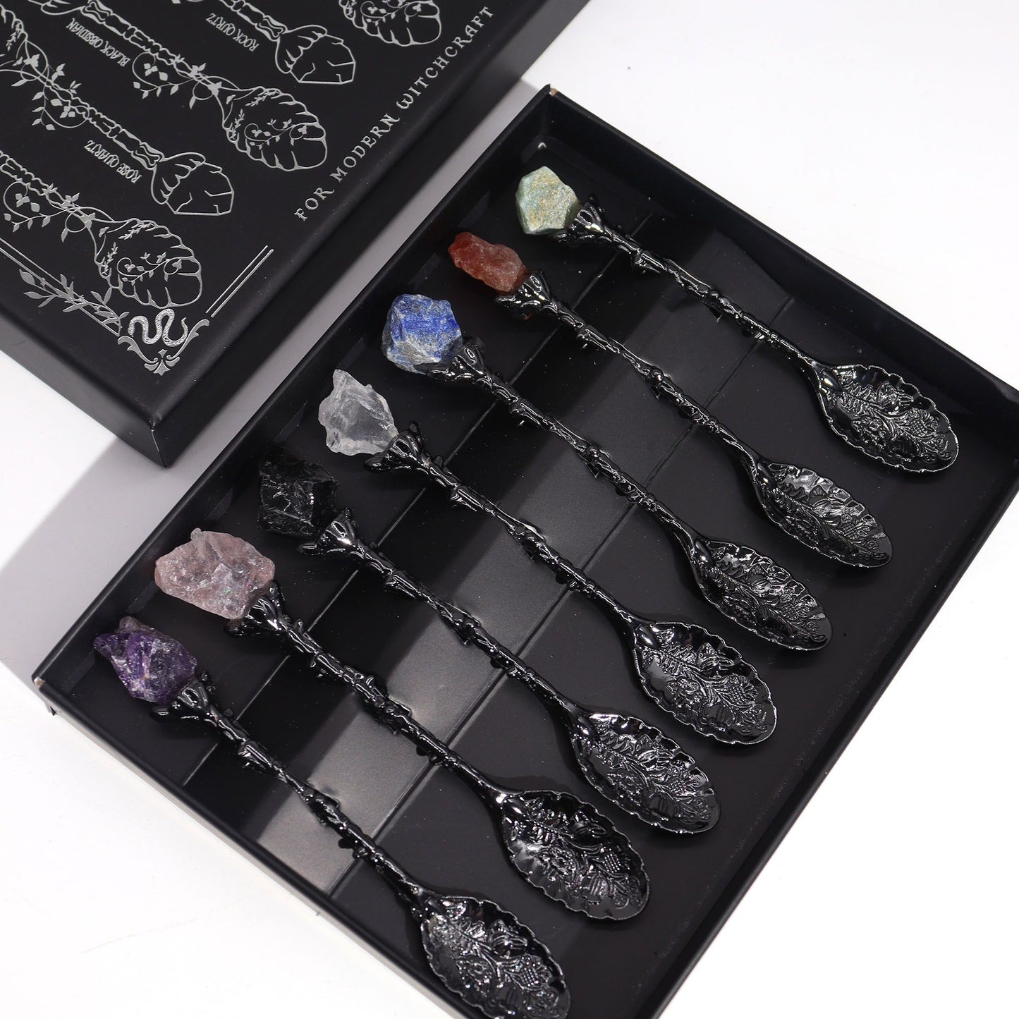 Juego de 7 Cucharas de Bruja de Cristal de Piedra Preciosa de Plata Oscura