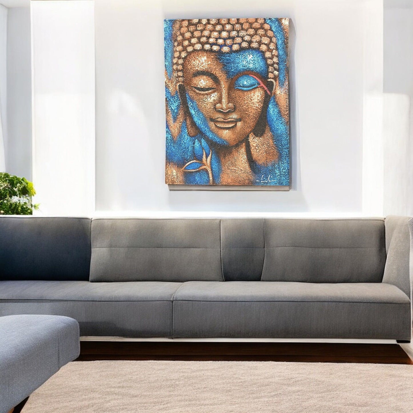 Pintura de Buda - Flor Bronce y Azul