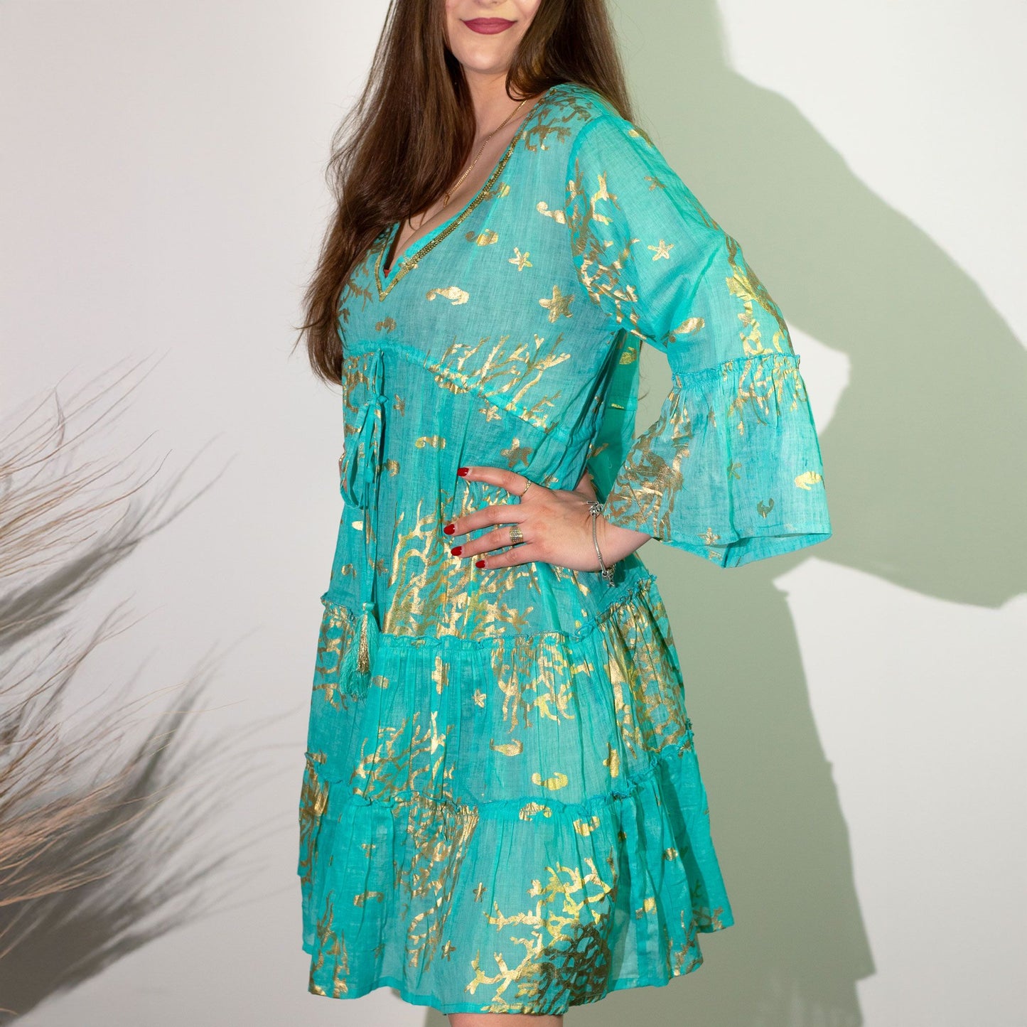 (ML) Colección Nomad Sari - Vestido - Diseño en turquesa y coral dorado