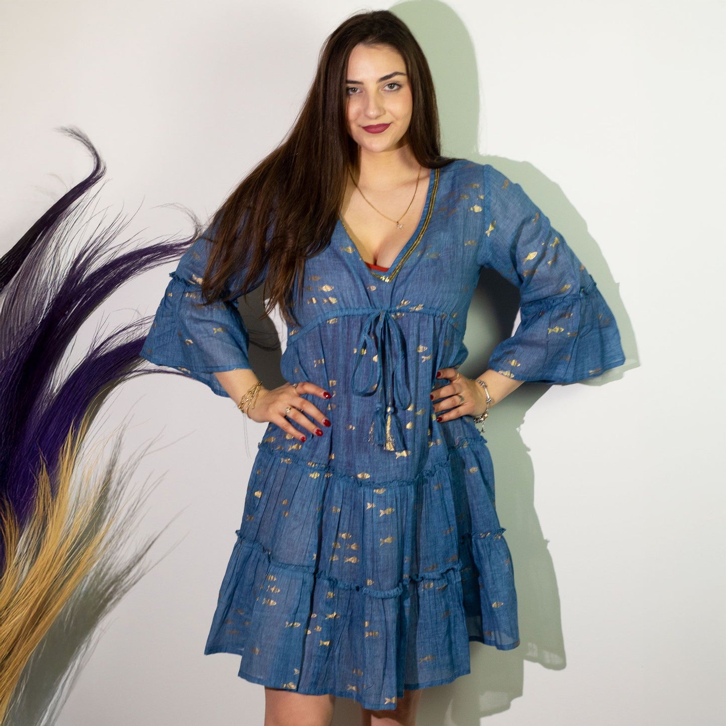 (ML) Colección Nomad Sari - Vestido - Diseño de pez azul marino y dorado