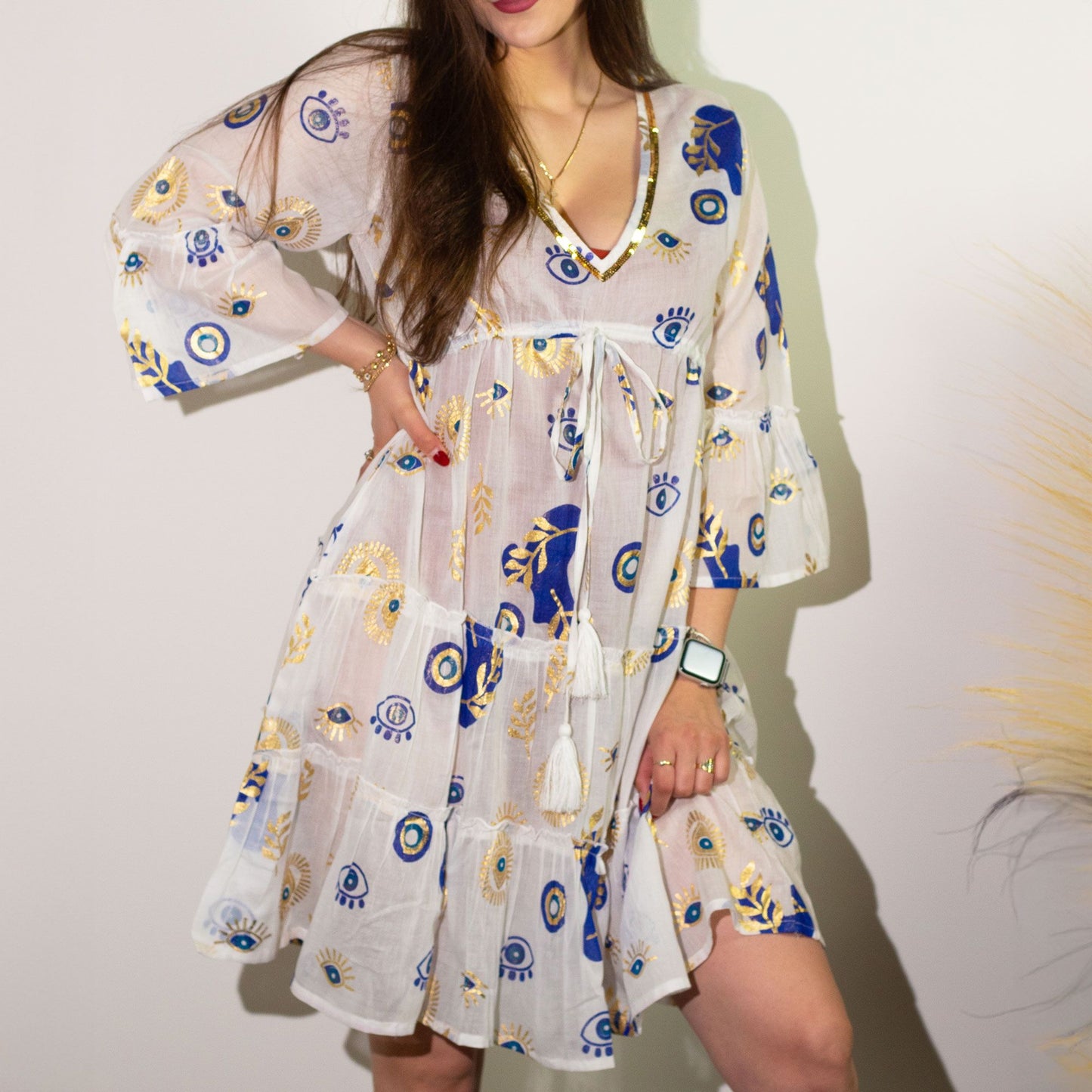 (ML) Colección Nomad Sari - Vestido - Diseño de mal de ojo blanco, azul y dorado
