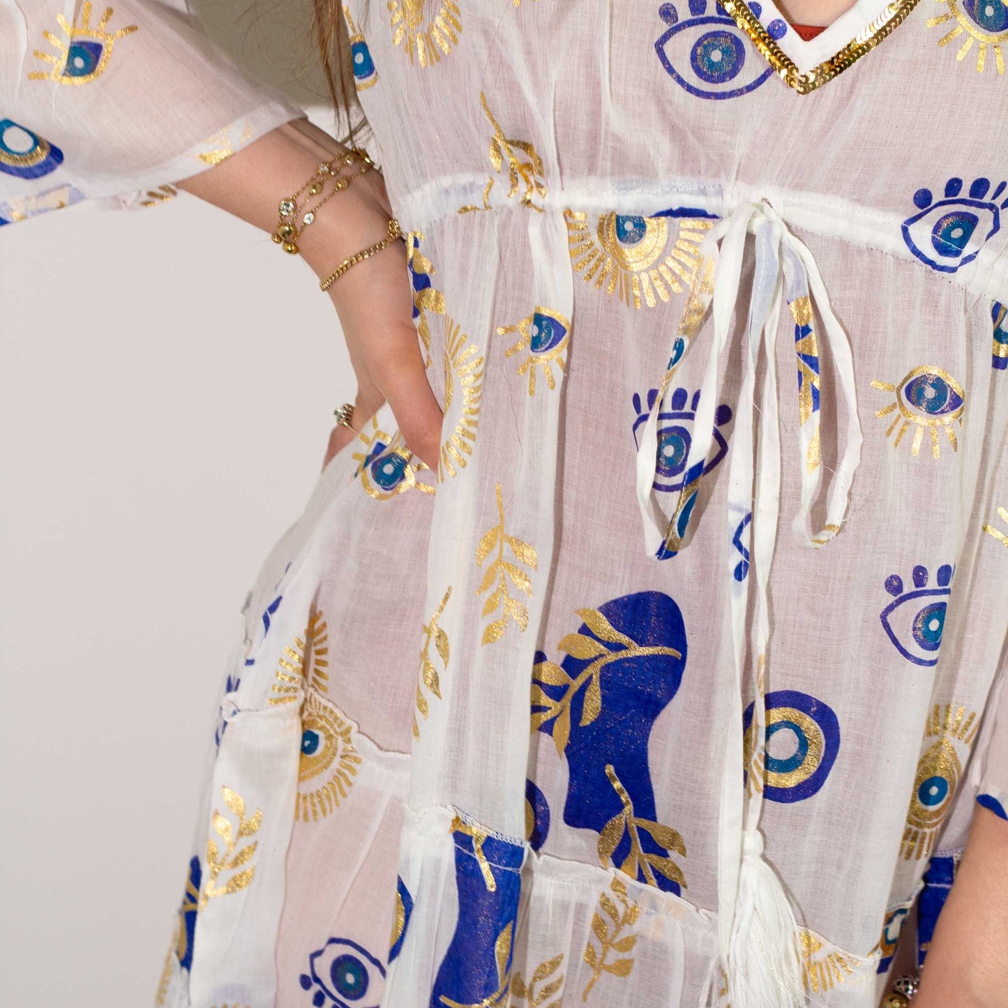 (ML) Colección Nomad Sari - Vestido - Diseño de mal de ojo blanco, azul y dorado