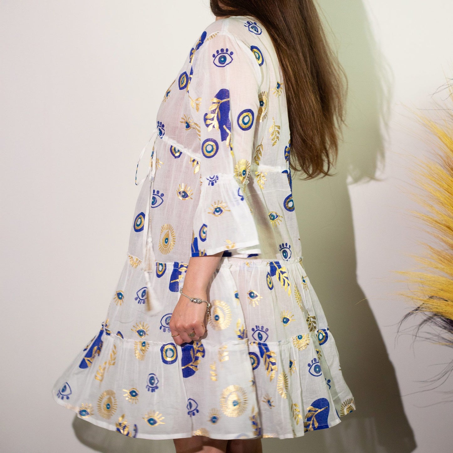 (ML) Colección Nomad Sari - Vestido - Diseño de mal de ojo blanco, azul y dorado
