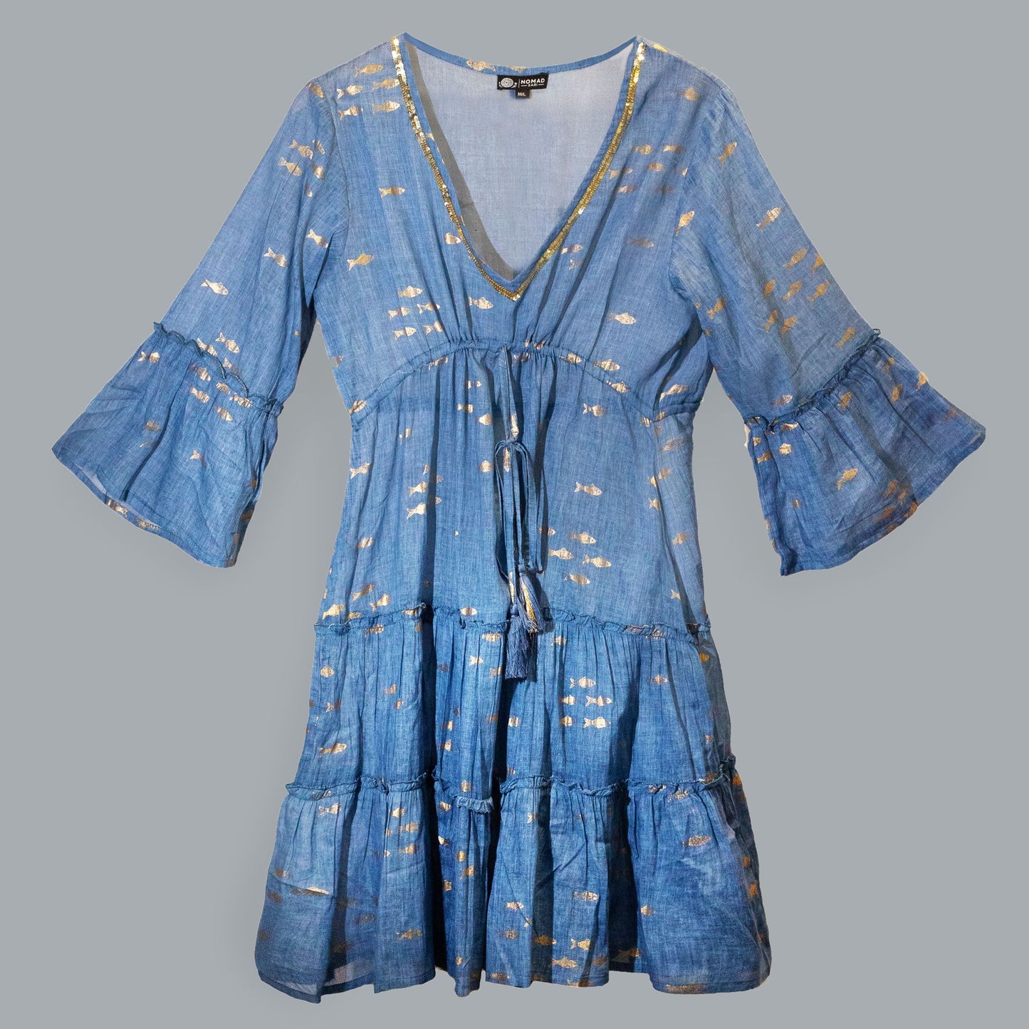 (ML) Colección Nomad Sari - Vestido - Diseño de pez azul marino y dorado