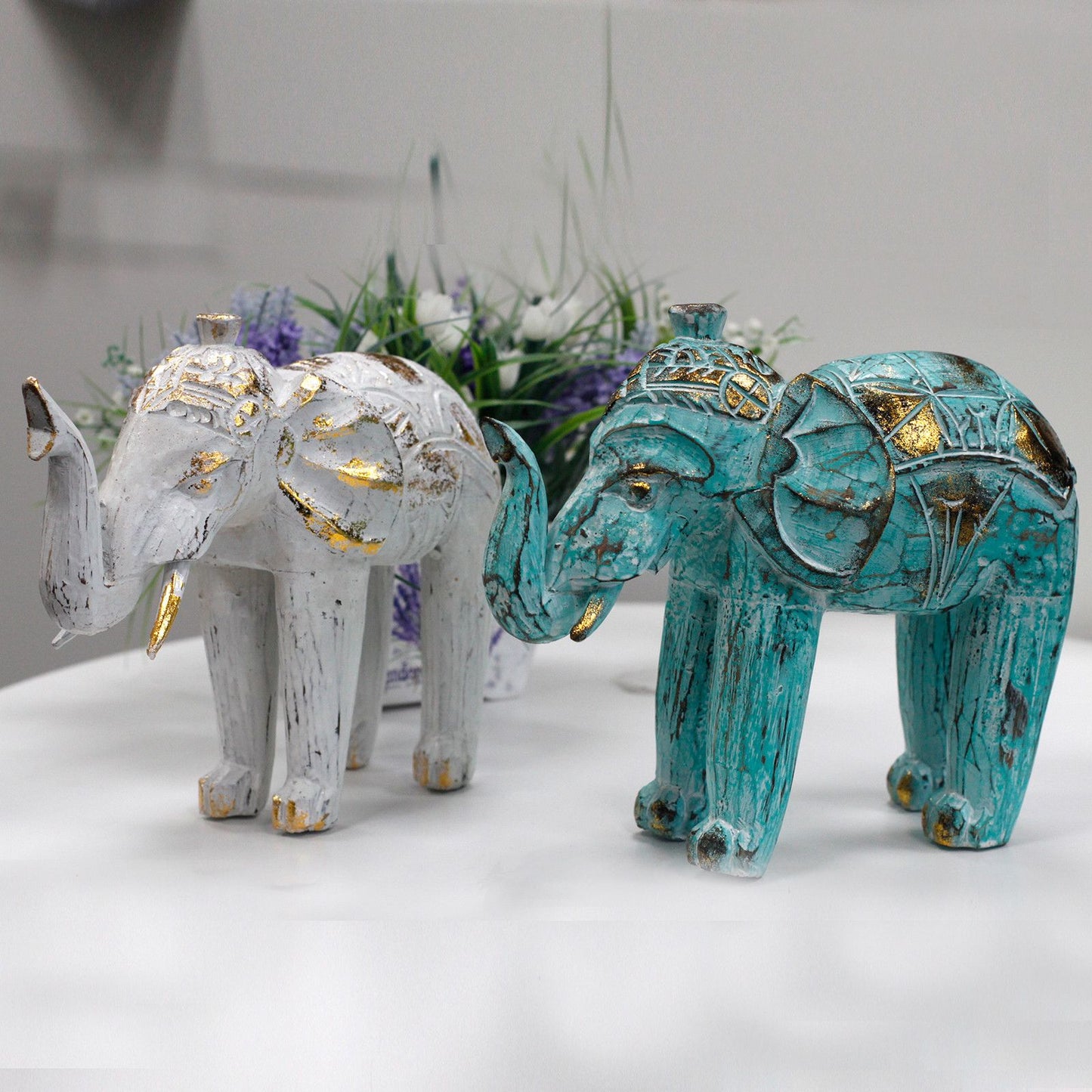 Elefante Tallado en Madera - Oro Turquesa