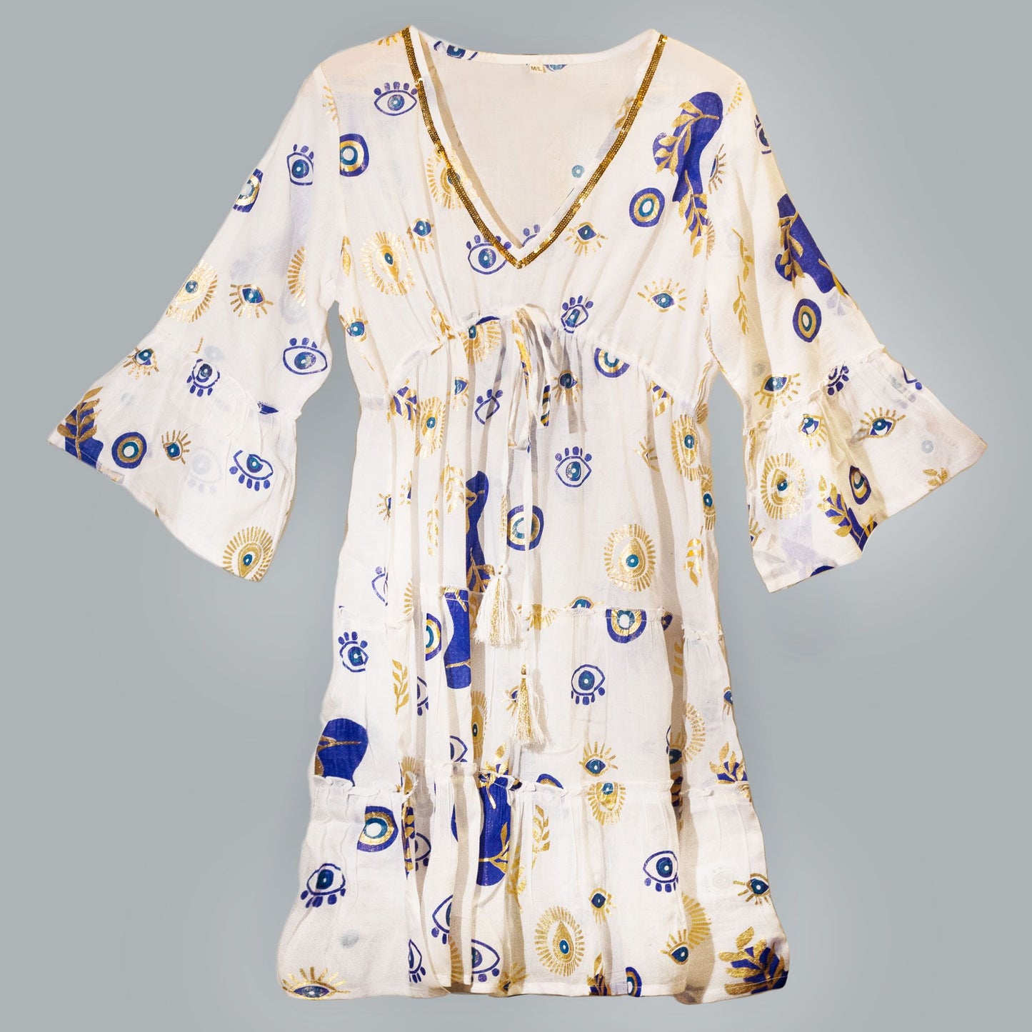 (ML) Colección Nomad Sari - Vestido - Diseño de mal de ojo blanco, azul y dorado
