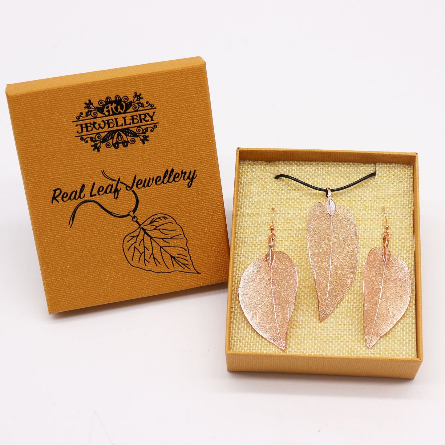 Conjunto de collar y aretes - Hoja de valor - Oro Blanco