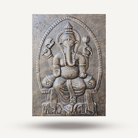 Gran Ganpati Marco de cemento fibrótico Antiguo Oro Relieve- 0.7x1m