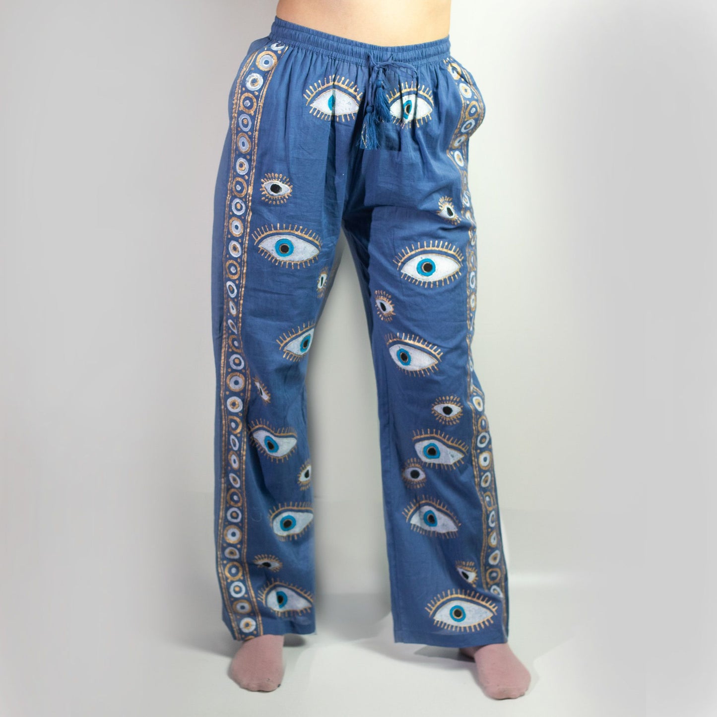 (ML) Colección Nómada Sari Mediterráneo - Pantalones - Diseño del Ojo Maligno en Azul Rico y Oro