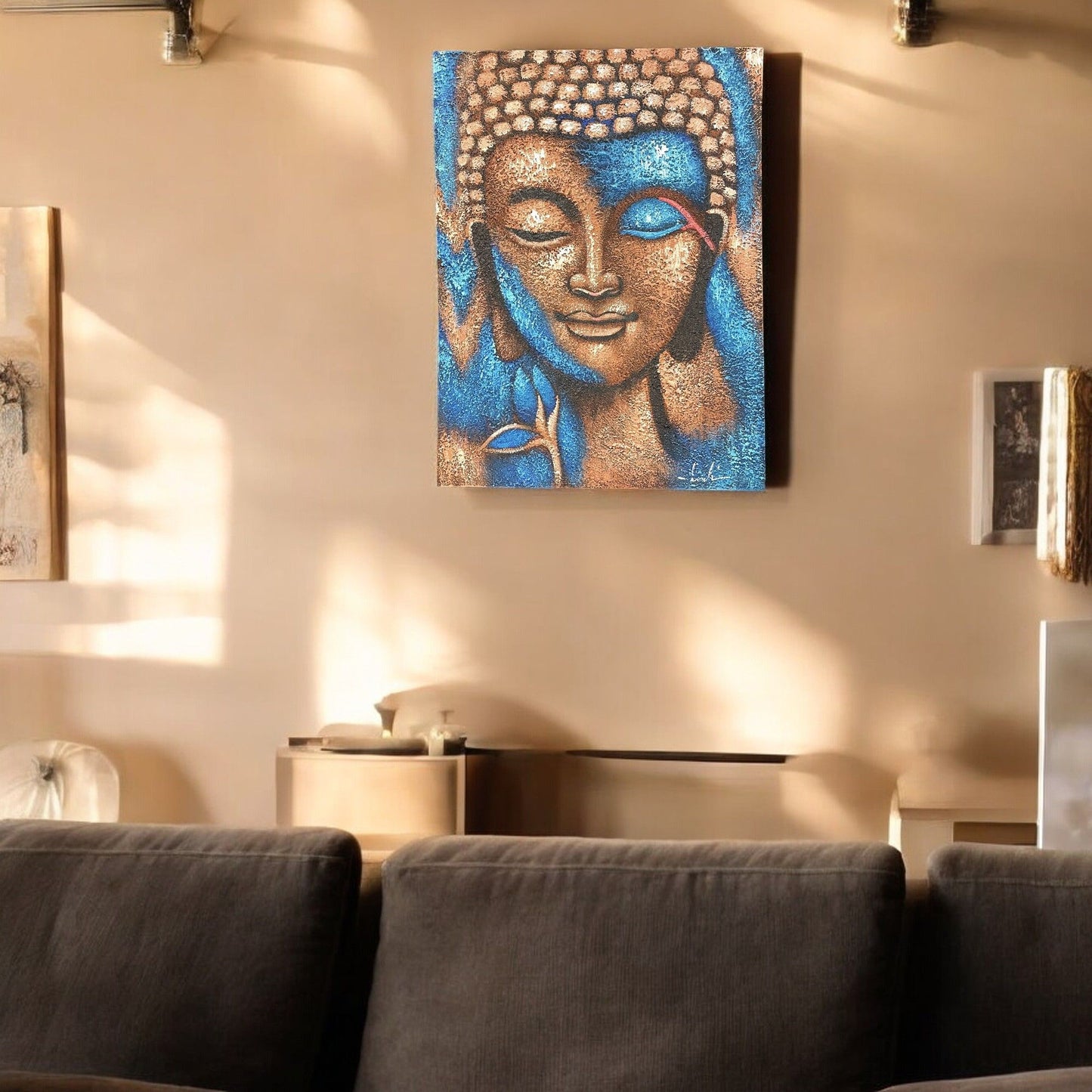 Pintura de Buda - Flor Bronce y Azul
