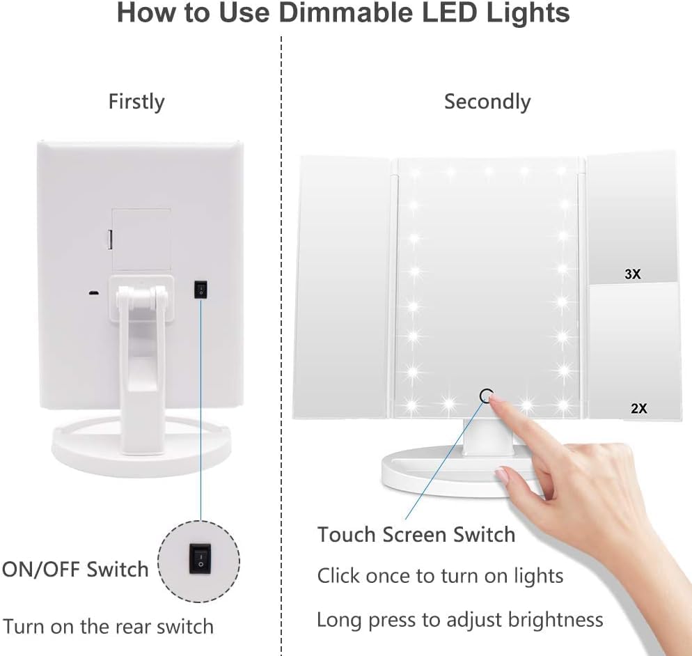 Espelho de maquiagem com iluminação LED - tela sensível ao toque, 3 ampliações e rotação ajustável