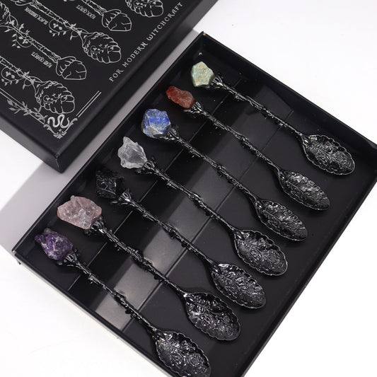 Juego de 7 Cucharas de Bruja de Cristal de Piedra Preciosa de Plata Oscura