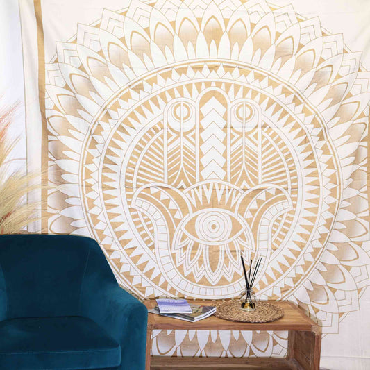 Colcha Doble de Algodón + Colgante de Pared - Hamsa - Oro Blanco