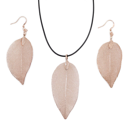 Conjunto de collar y aretes - Hoja de valor - Oro Blanco