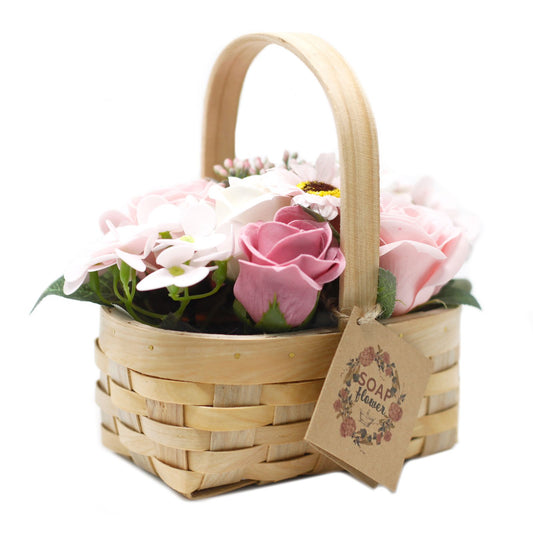 Ramo flores de jabón en canasta de mimbre - rosa med
