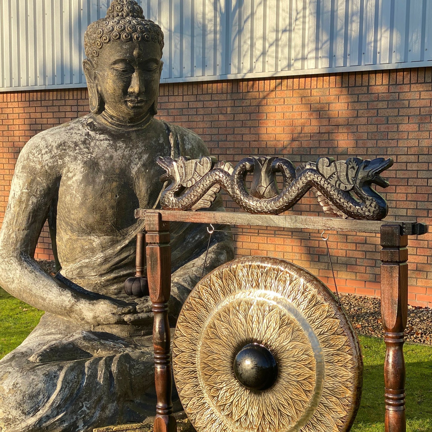 Gong de meditación grande sobre soporte marrón antiguo - 80cm - Negro - Estándar